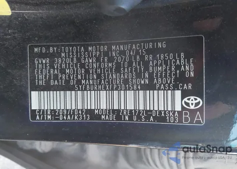 2015 Toyota Corolla S Plus из США, поврежденный, VIN 5YFBURHEXFP301584